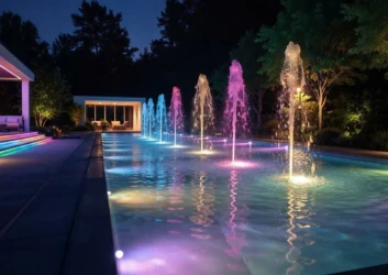 Pool colorful led fountain jets night Pool colorful led fountain jets night