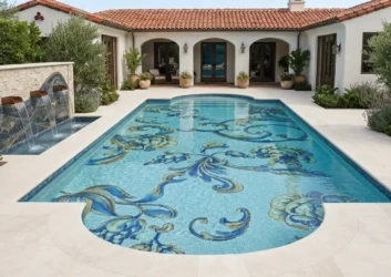 Pool floor floral mosaic stone waterfall wall Pool floor floral mosaic stone waterfall wall