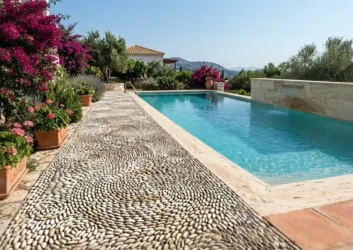 Pool travertine coping pebble mosaic pathway Pool travertine coping pebble mosaic pathway