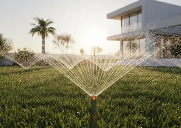 Pop up sprinklers watering villa lawn sunrise Pop up sprinklers watering villa lawn sunrise