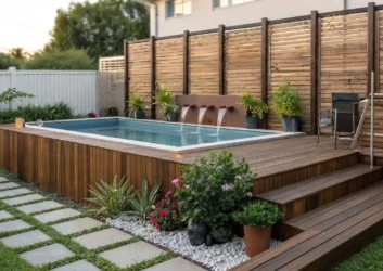Raised wooden deck pool waterfall spouts garden Raised wooden deck pool waterfall spouts garden