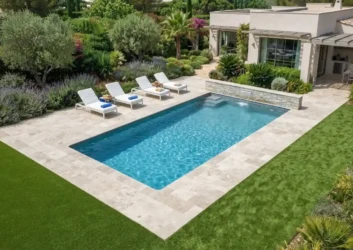 Rectangular pool loungers stone deck water spout Rectangular pool loungers stone deck water spout