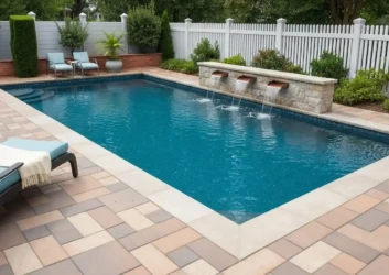 Rectangular pool stone spillway wall paver deck Rectangular pool stone spillway wall paver deck