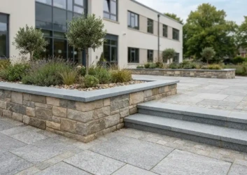 School hardscape cladding and coping closeup School hardscape cladding and coping closeup