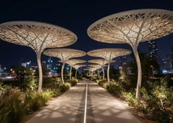 Sculptural shade canopy walkway dubai night Sculptural shade canopy walkway dubai night