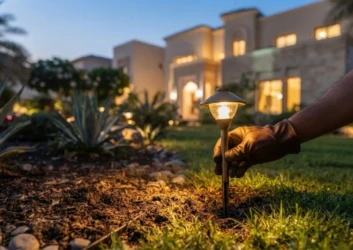 Spike light installation lawn border closeup Spike light installation lawn border closeup
