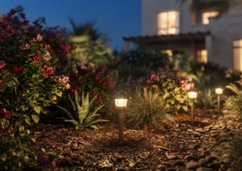 Spotlights palm trees garden night Spotlights palm trees garden night
