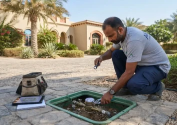 Technician inspecting water meter valve box villa Technician inspecting water meter valve box villa