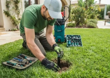 Technician installing irrigation head poolside lawn Technician installing irrigation head poolside lawn