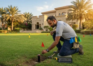 Technician marking flags irrigation zones lawn Technician marking flags irrigation zones lawn
