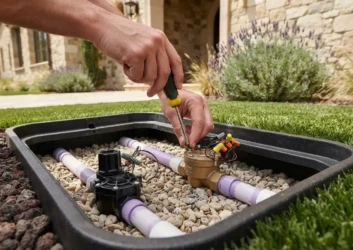 Technician wiring irrigation valve box villa lawn Technician wiring irrigation valve box villa lawn