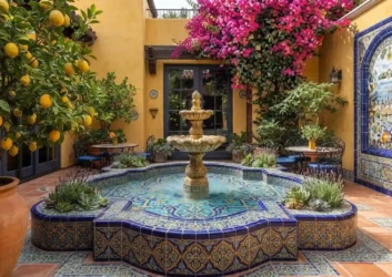 Tiered mosaic tile fountain lemon tree courtyard Tiered mosaic tile fountain lemon tree courtyard