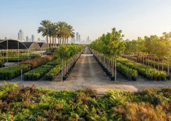Tree lined nursery pathway dubai skyline view Tree lined nursery pathway dubai skyline view