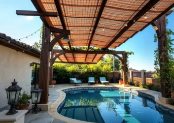 Wooden slat pergola pool lounge villa uae Wooden slat pergola pool lounge villa uae