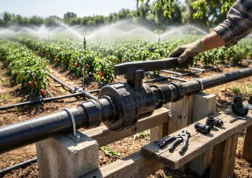 Worker installing irrigation pipeline valve farm Worker installing irrigation pipeline valve farm