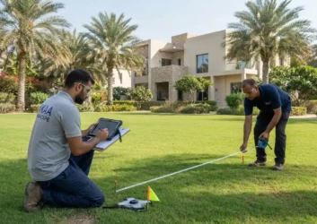 Workers measuring tape garden site survey uae Workers measuring tape garden site survey uae
