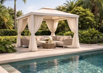 poolside gazebo curtain seating villa UAE poolside gazebo curtain seating villa UAE