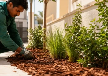 worker applying mulch shrubs ornamental grass worker applying mulch shrubs ornamental grass
